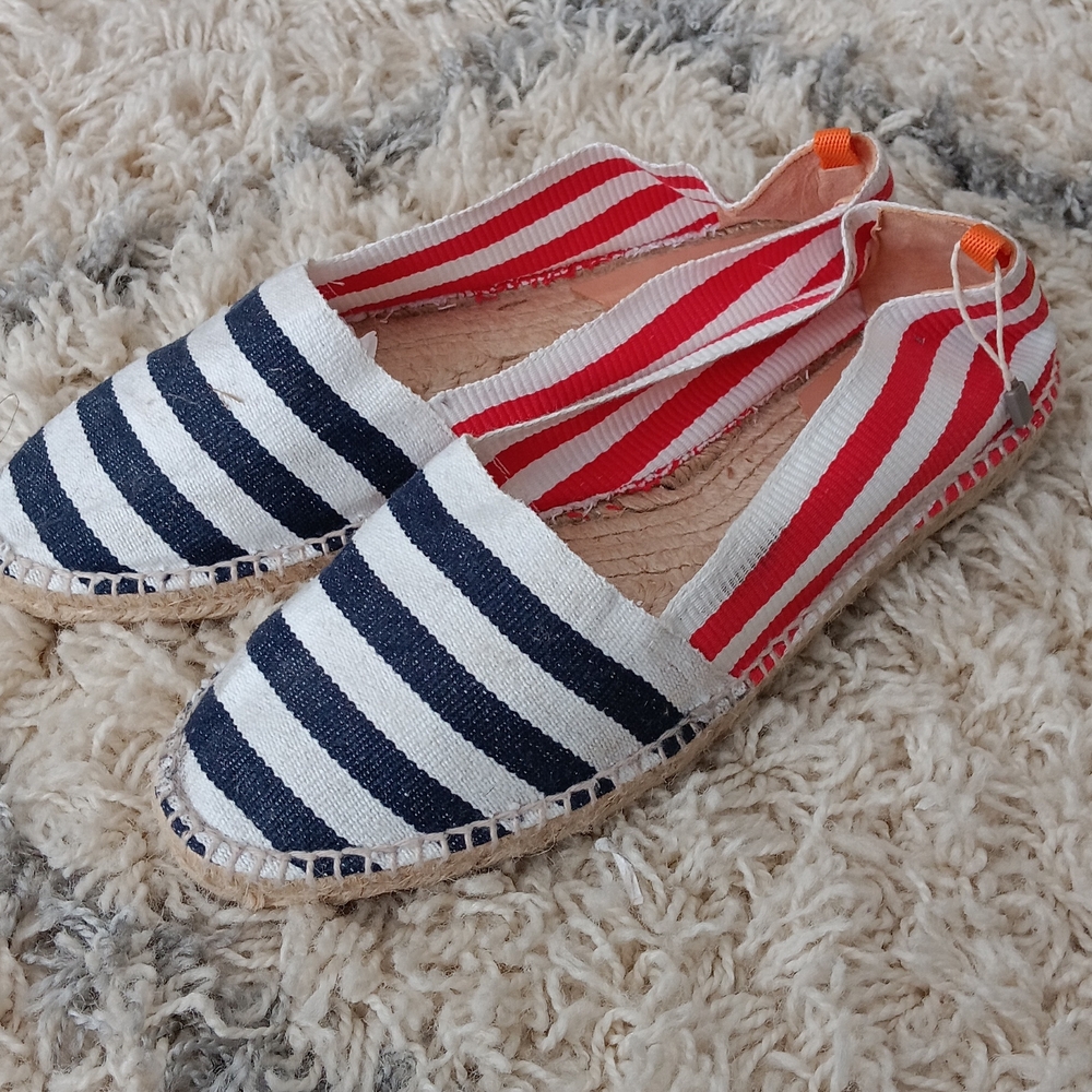 NEW Women Castaner 90 Yrs. Striped Canvas Espadrille Slip-Ons in Navy and Red